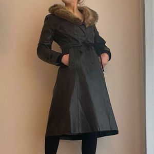LAST CHANCE: Vintage y2k leather and fur trench coat